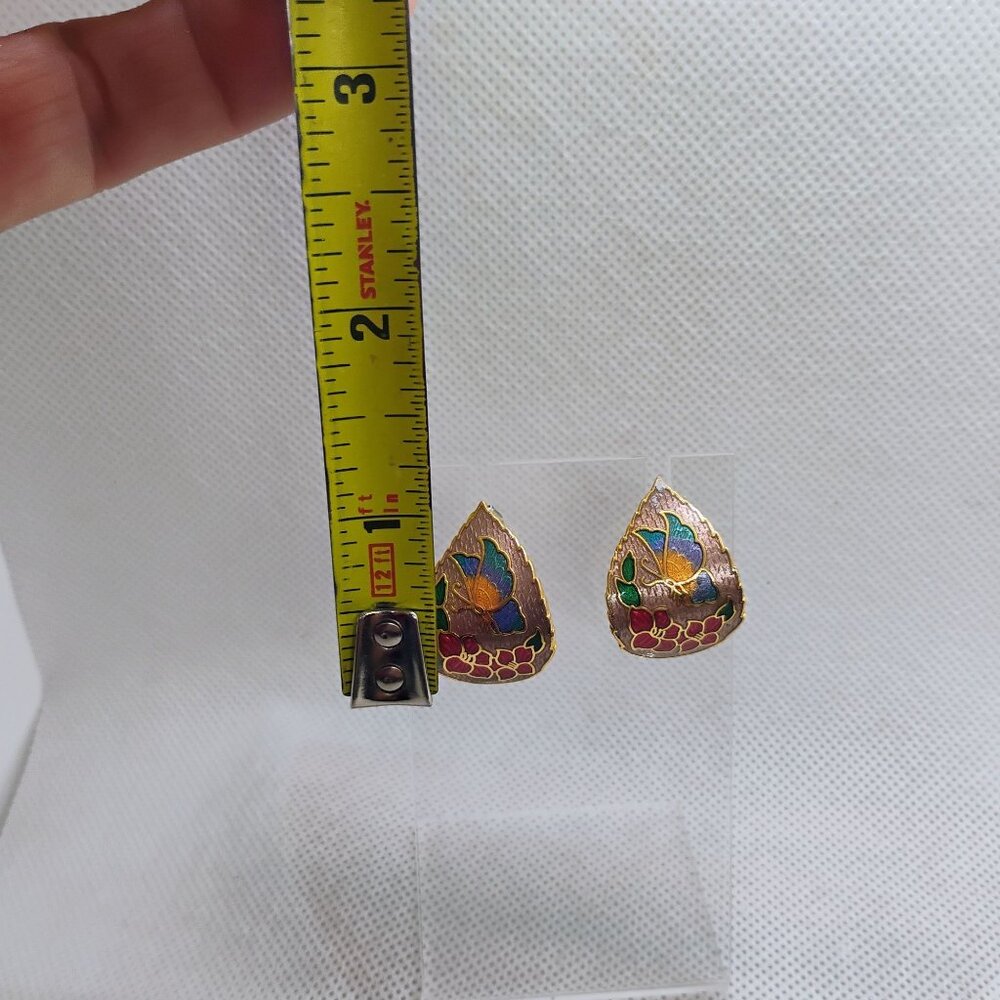 Vintage Cloisonne Enamel Butterfly Flower Earrings Pierced Teardrop Huggie Style - Picture 3 of 4